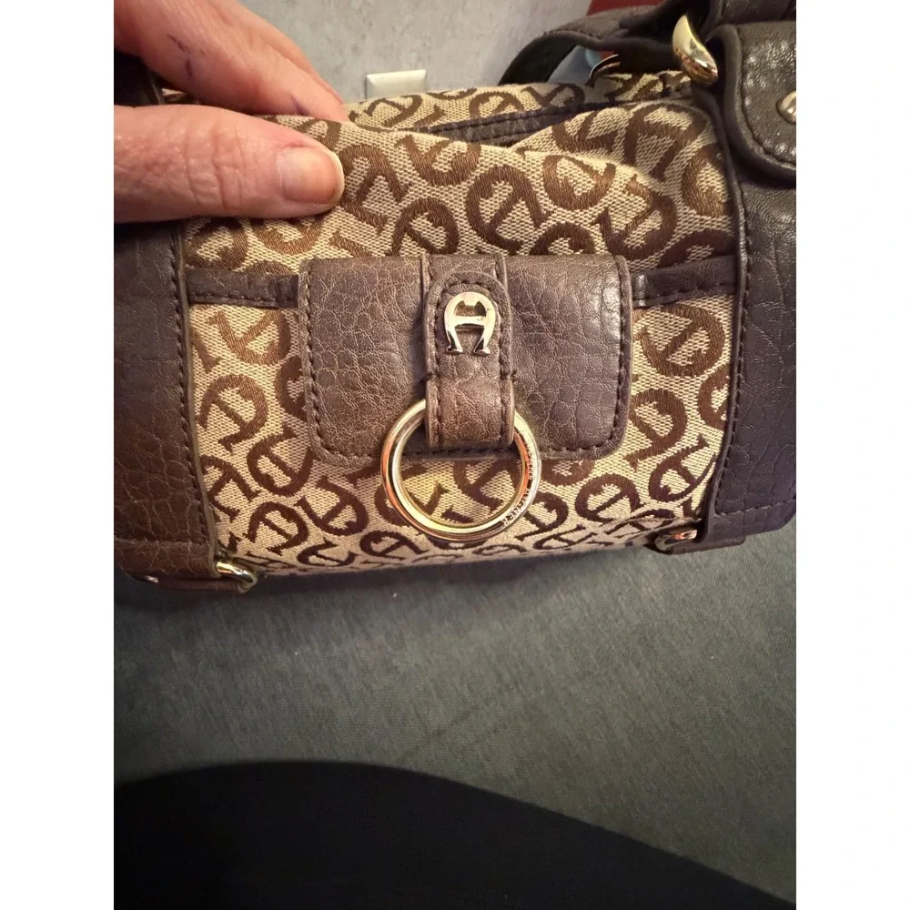 Etienne Aigner Monogram Jacquard Satchel‎ Bag Brown Tan Gold Tone Hardware